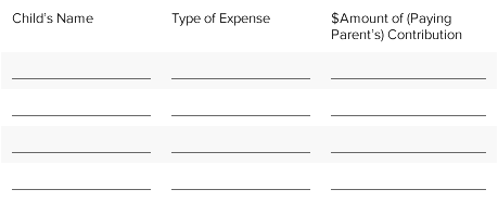 An example special and extraordinary expenses table showing 3 columns: Child's Name, Type of Expense, and $Amount of (Paying Parent’s) Contribution